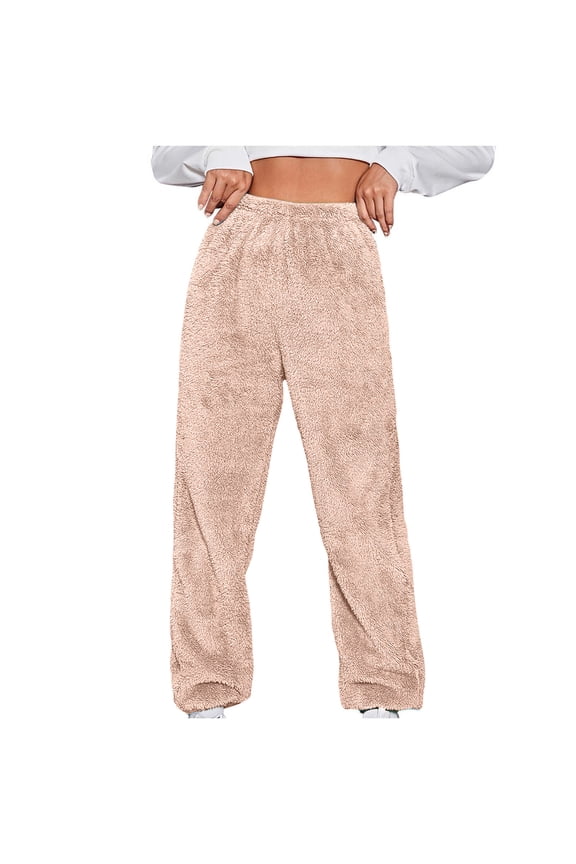 Women's High Waist Fuzzy Fleece Lounge Long Pants Sweatpants Winter Warm Jogger Pants with Pockets Loungewear Sleepwear Pink XL