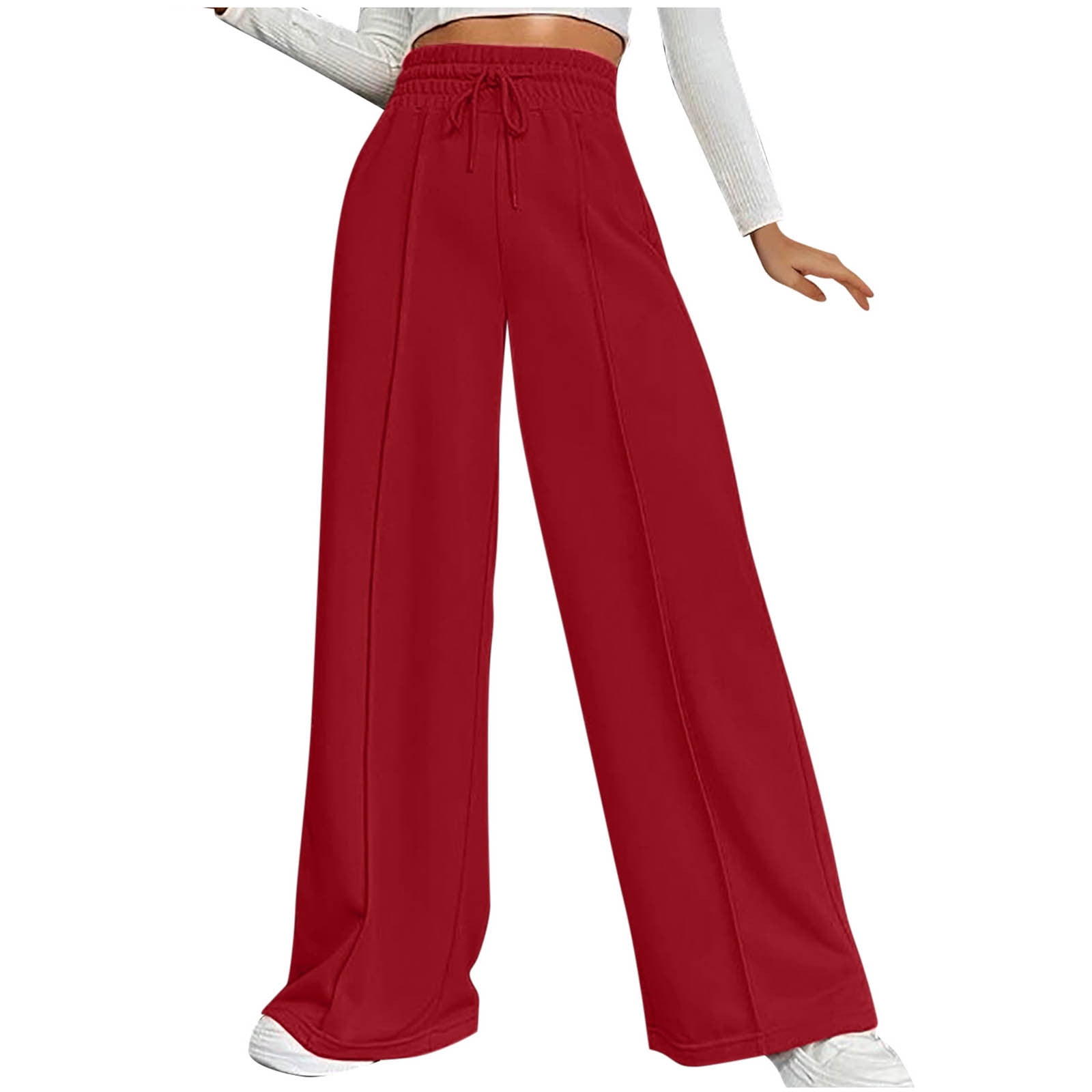 JWZUY Womens Wide Leg Pants Straight Trouser Elastic High Waist Full Pants  Plus Size Solid Pleated Pant Culottes Pant with Pocket Red XL 
