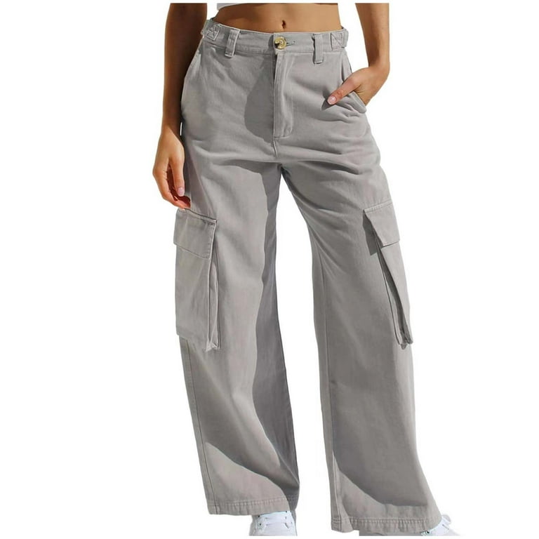 XFLWAM Women's High Waisted Cargo Baggy Jeans Flap Pocket Side Denim Pants  Straight Leg Streetwear Trousers with Big Pockets Gray S 