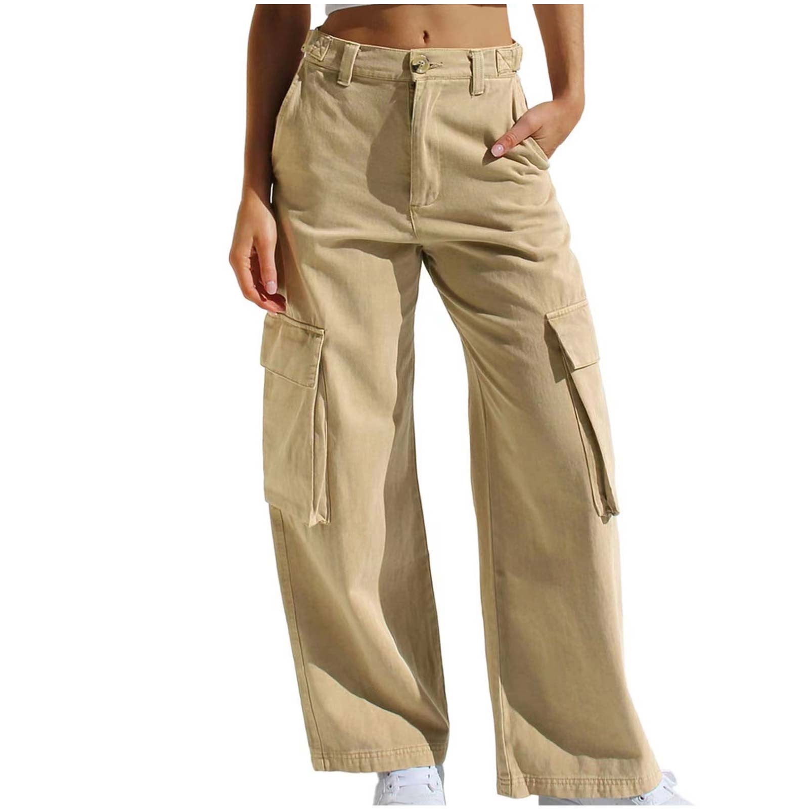 XFLWAM Women's High Waisted Cargo Baggy Jeans Flap Pocket Side Denim Pants  Straight Leg Streetwear Trousers with Big Pockets Gray L 