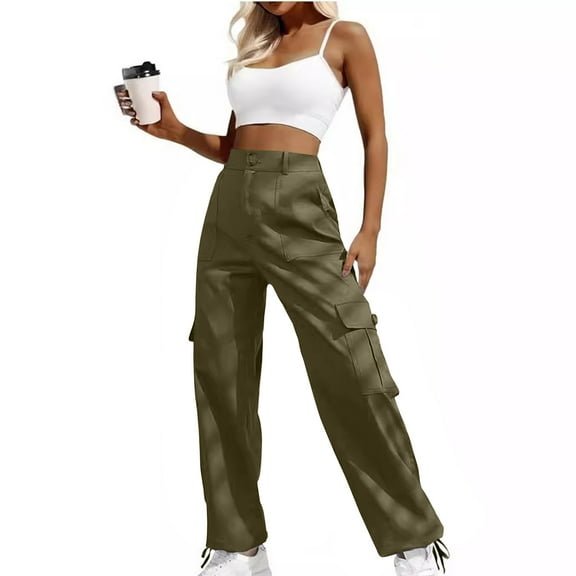 XFLWAM Women's High Waisted Cargo Pants Travel Y2K Streetwear Baggy Stretchy Pants with 6 Pockets Drawstring Ankle Cuffs Army Green L