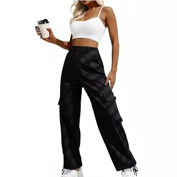 XFLWAM Women's High Waisted Cargo Pants Travel Y2K Streetwear Baggy Stretchy Pants with 6 Pockets Drawstring Ankle Cuffs Black M