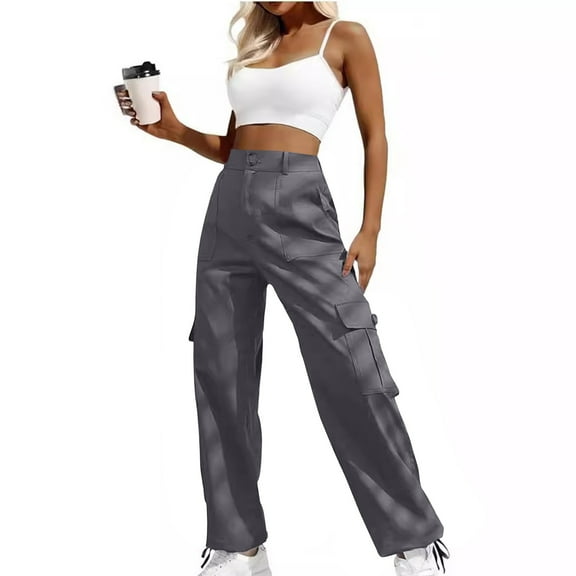 XFLWAM Women's High Waisted Cargo Pants Travel Y2K Streetwear Baggy Stretchy Pants with 6 Pockets Drawstring Ankle Cuffs Gray XS