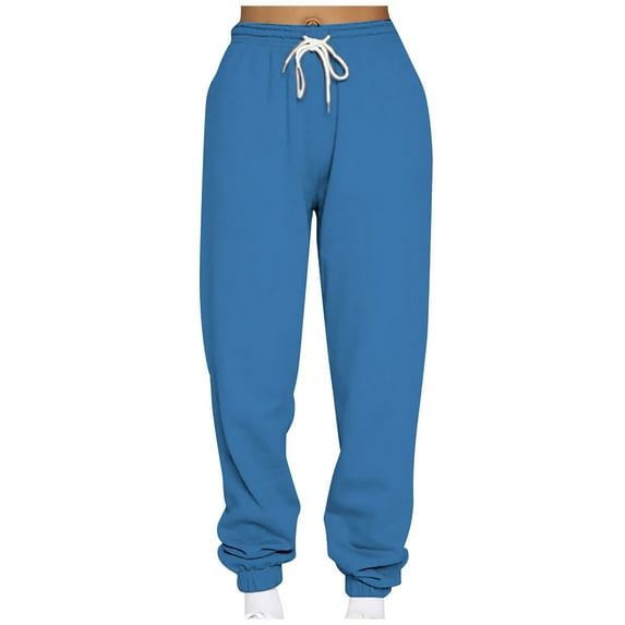 XFLWAM Women's High Waisted Sweatpants Baggy Fleece Lined Lounge Pants Comfy Wide Leg Drawstring Joggers with Pockets Blue XL