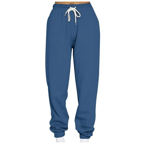 XFLWAM Women's High Waisted Sweatpants Baggy Fleece Lined Lounge Pants Comfy Wide Leg Drawstring Joggers with Pockets Dark Blue M