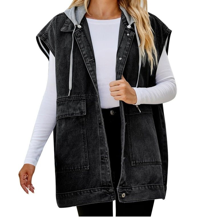 XFLWAM Women s Hooded Jean Jacke Sleeveless Denim Vest with Detachable Hoodie Black L