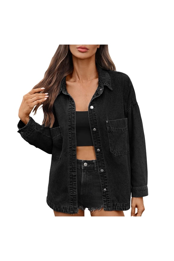 Women's Jean Jacket Casual Long Sleeve Button Down Shirts Jackets Drop Shoulder Denim Coats with Pockets