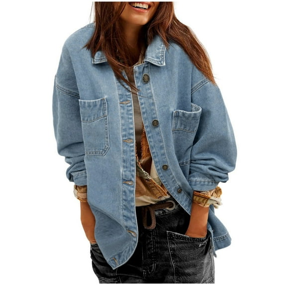 XFLWAM Women's Jean Jacket Oversized Turndown Collar Button Up Coats Long Sleeve Split Denim Jackets Fall Loose Fit Outerwear Light Blue M