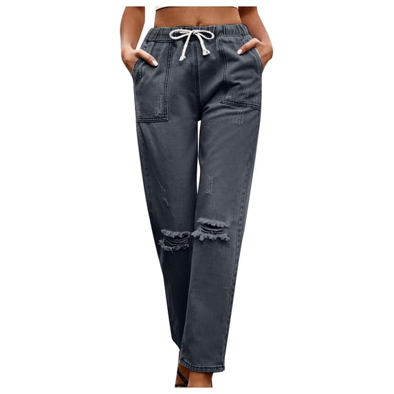 XFLWAM Women's Joggers Jeans Elastic Waist Drawstring Demin Stretchy Ripped Straight Leg Pants with Pockets Black XL