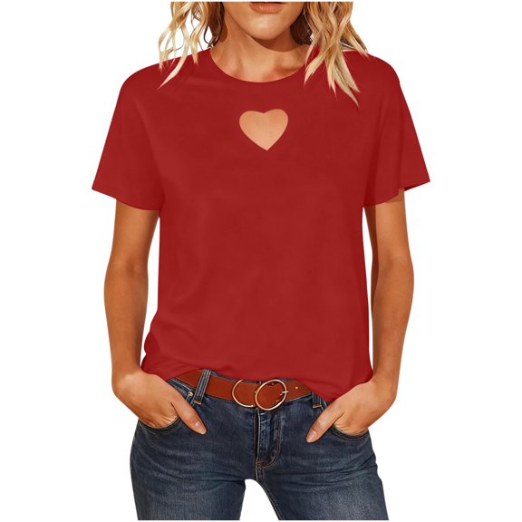 XFLWAM Women's Keyhole Neck Short Sleeve Tops Heart Shape Cut Out T Shirts Dressy Casual Summer Going Out Valentines Shirts