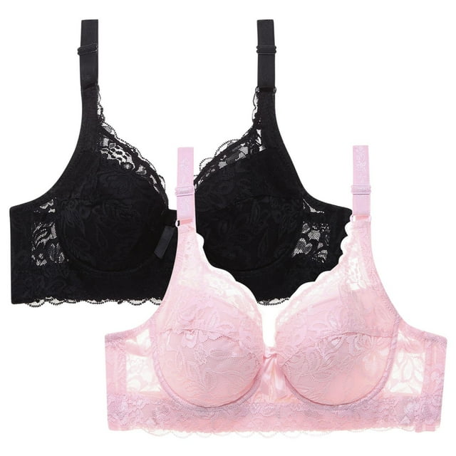 XFLWAM Women's Lace Bra Non Padded Underwire Unlined Bra Full Coverage Plus Size Lace Bralette 2 Packs