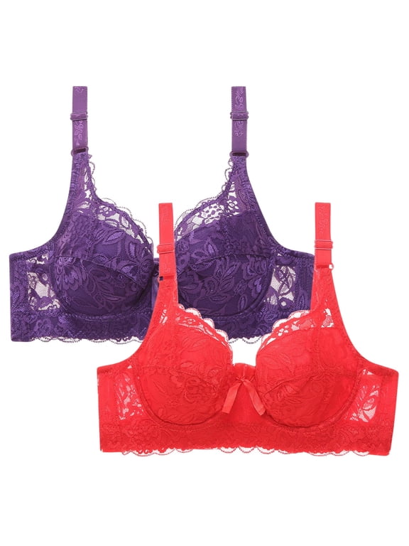 Women's Lace Bra Non Padded Underwire Unlined Bra Full Coverage Plus Size Lace Bralette 2 Packs