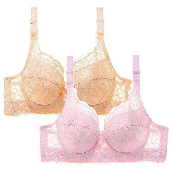 XFLWAM Women's Lace Bra Non Padded Underwire Unlined Bra Full Coverage Plus Size Lace Bralette 2 Packs