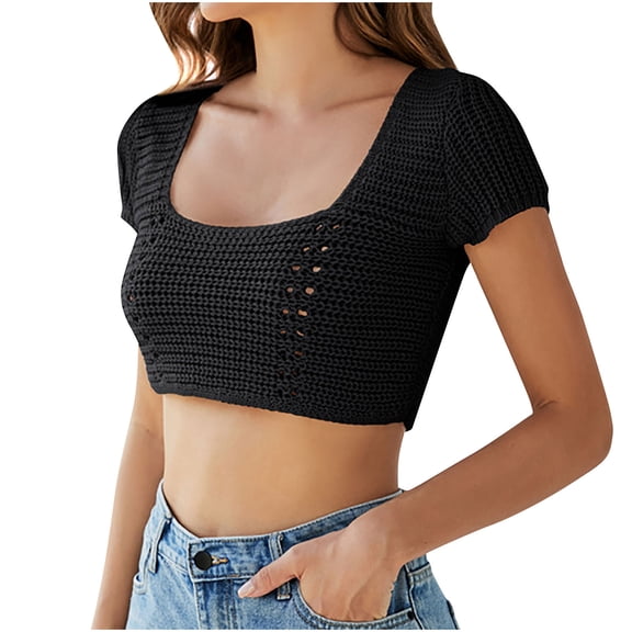XFLWAM Women's Lace Crochet Crop Top Hollow Out Short Sleeve Sweater Ribbed Knit Top Black S