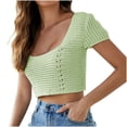 thumbnail image 1 of XFLWAM Women's Lace Crochet Crop Top Hollow Out Short Sleeve Sweater Ribbed Knit Top Green S, 1 of 4