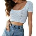 thumbnail image 1 of XFLWAM Women's Lace Crochet Crop Top Hollow Out Short Sleeve Sweater Ribbed Knit Top Light Blue M, 1 of 4