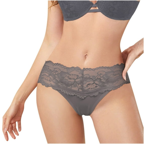 XFLWAM Women's Lace Thongs T Back Low Waist See Through Panties Sexy Seamless V-Shape Design Lace Thongs for Women Gray S