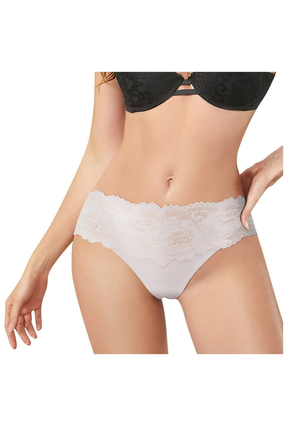 Women's Lace Thongs T Back Low Waist See Through Panties Sexy Seamless V-Shape Design Lace Thongs for Women White S