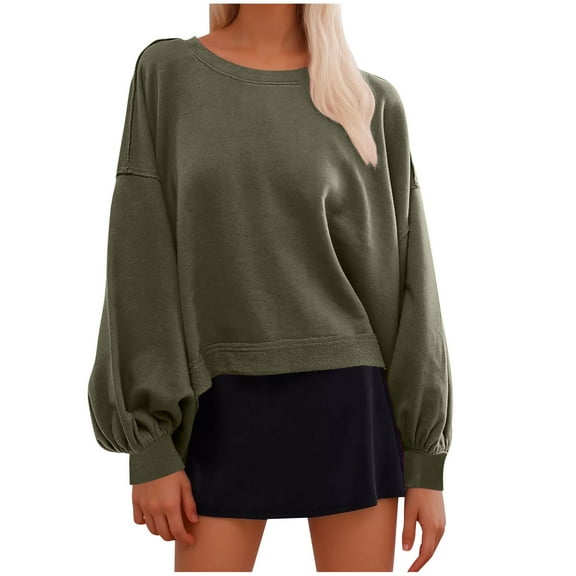 XFLWAM Women's Lantern Long Sleeve Sweatshirts Crewneck Solid Color Pullover Tops Fall Winter Casual Loose T Shirts Army Green L