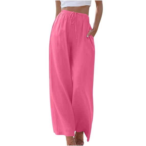 XFLWAM Women's Linen Pants Flowy Wide Leg Beach Casual Pant Summer Palazzo Trousers with Pockets Pink M
