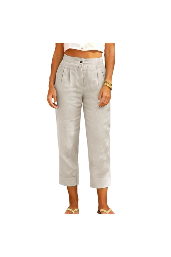 Women's Linen Pants High Waist Pleated Straight LegCropped Casual Loose Fit Trousers with Cuffed Hem
