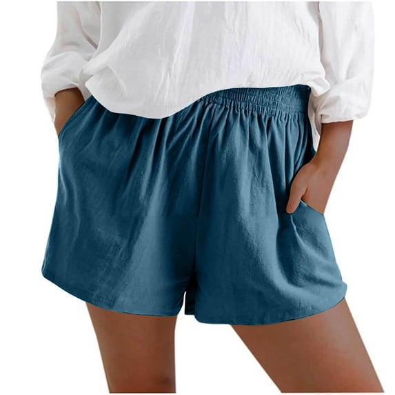 XFLWAM Women's Linen Shorts Elastic Waist Pants for Ladies Solid Color Casual Summer Beach Shorts with Pockets
