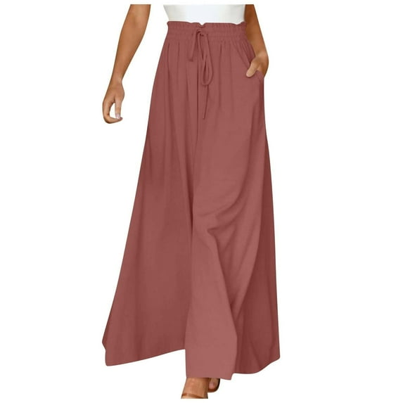 XFLWAM Women's Linen Wide Leg Palazzo Culottes Pants Elastic High Waisted Lounge Beach Flowy Casual Pant Trousers with Pocket Pink XL