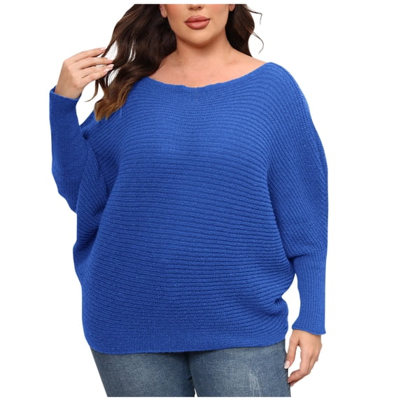 XFLWAM Women's Long Bat Sleeves Ribbed Knit Sweater Crew Neck Loose Fit Solid Plus Size Cozy Sweaters Pullover Jumper Tops Blue XXL