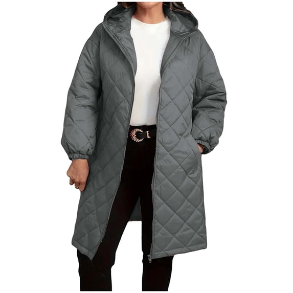 XFLWAM Women's Long Puffer Jackets Full Zip Hooded Diamond Quilted Jacket Lightweight Winter Warm Down Coat with Pockets Gray M