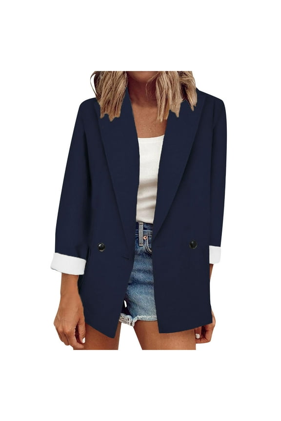 Women's Long Sleeve Blazer Notch Lapel Open Front Business Office Blazers Coat Casual Jacket with Lapel Pockets Dark Blue L