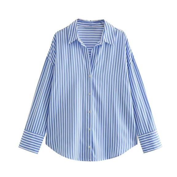 XFLWAM Women's Long Sleeve Button Down Shirt Casual Loose Fit Solid Color Blouses Dressy Turndown Collar Office Work Tops Blue M