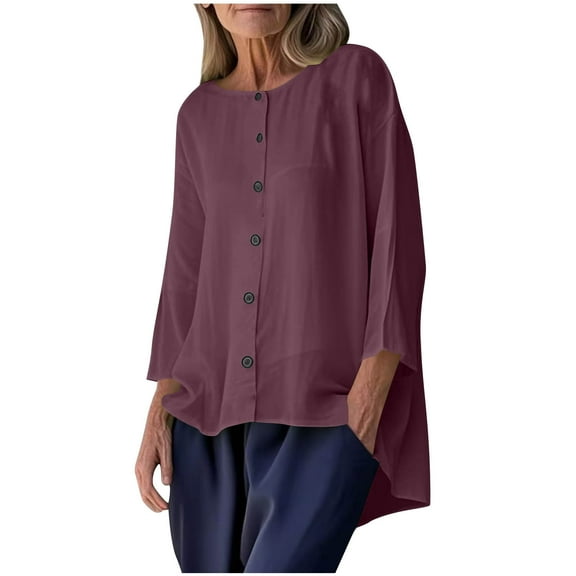 XFLWAM Women's Long Sleeve Button Down Shirts Casual Loose Comfy Crew Neck Blouse Fall High Low Hem Tops for Ladies