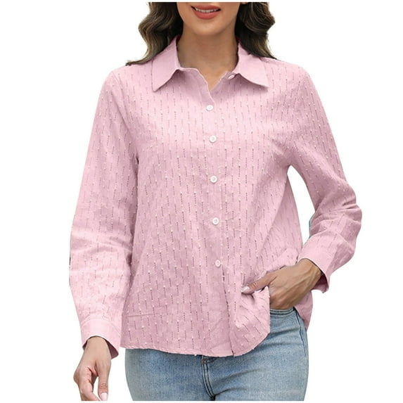XFLWAM Women's Long Sleeve Button Down Shirts Embroidered Eyelet V Neck Shirts Dressy Casual Solid Color Fall Work Tops