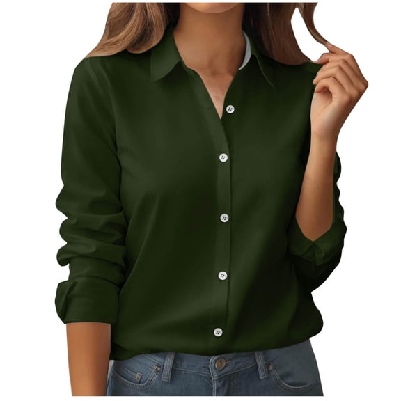 XFLWAM Women's Long Sleeve Button Down Shirts Lapel V Neck Business Tops Casual Loose Office Work Blouses