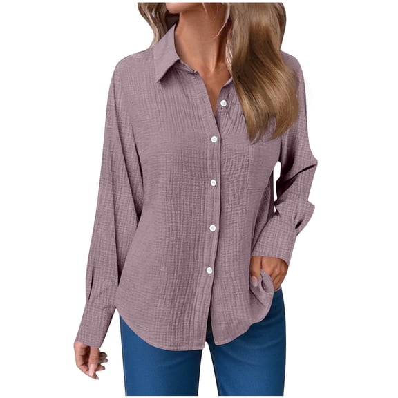 XFLWAM Women's Long Sleeve Button Down Shirts Textured Collared V Neck Fall Tops Casual Loose Solid Color Blouse