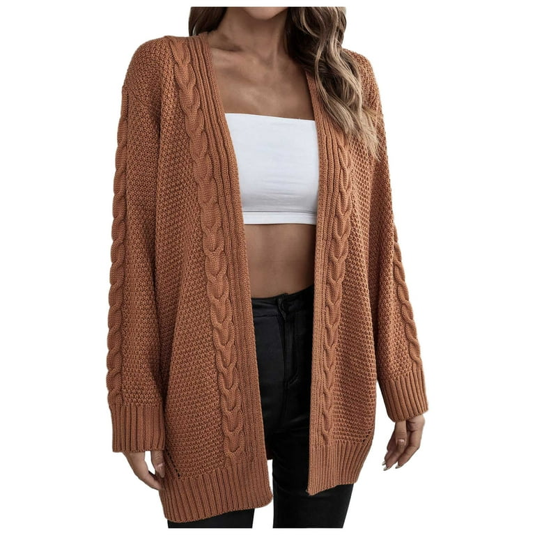 XFLWAM Women's Long Sleeve Cable Knit Sweater Open Front Cardigan