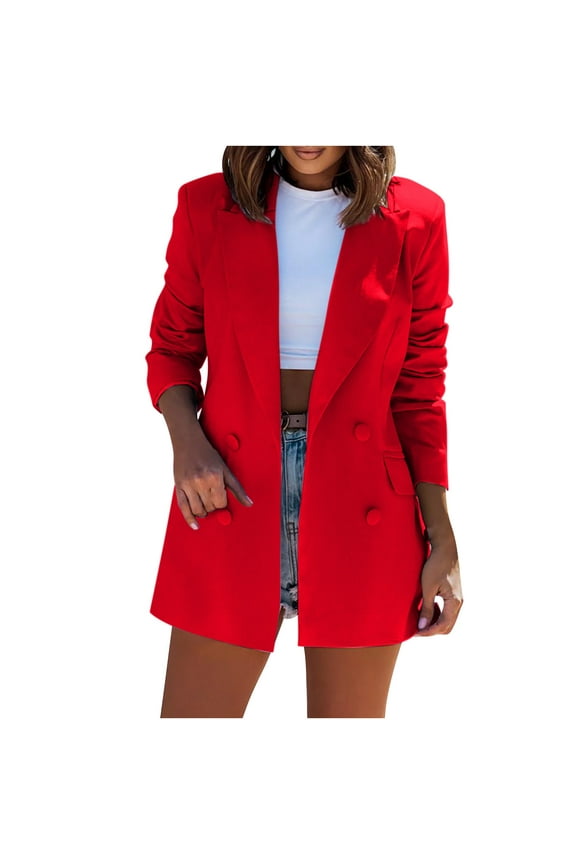 Women's Long Sleeve Casual Blazers Lapel Open Front Double Breasted Suit Business Work Office Blazer Jackets Red XL