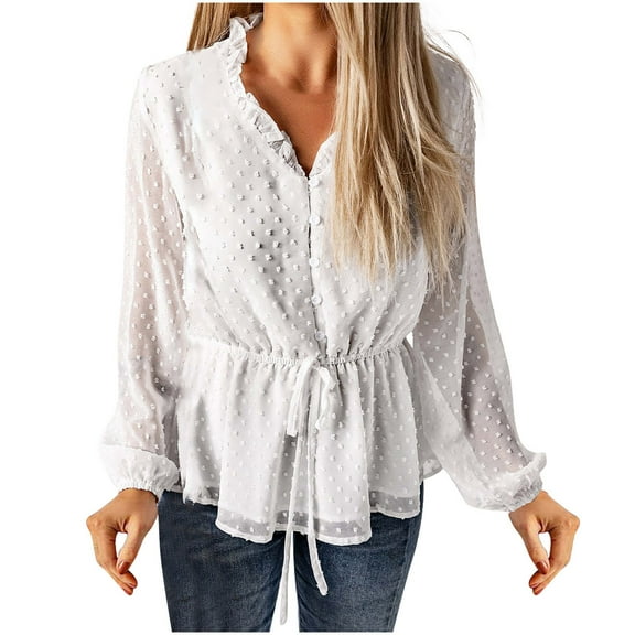 XFLWAM Women's Long Sleeve Chiffon Blouses V-Neck Swiss Dots Ruffle Peplum Tops Shirts Deco with Buttons White S