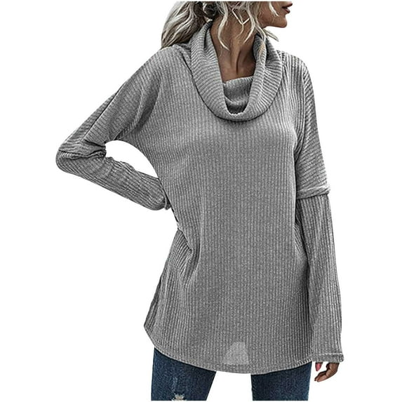 XFLWAM Women's Long Sleeve Cowl Neck Sweater Pullover Turtleneck Casual Loose Tunic Tops Gray XL