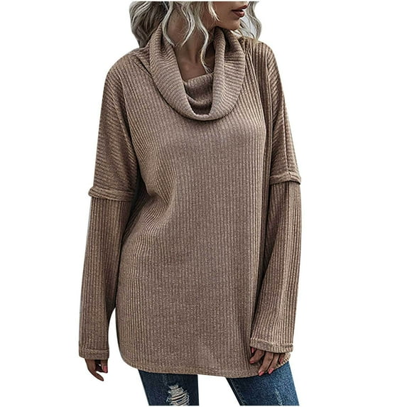 XFLWAM Women's Long Sleeve Cowl Neck Sweater Pullover Turtleneck Casual Loose Tunic Tops Khaki S