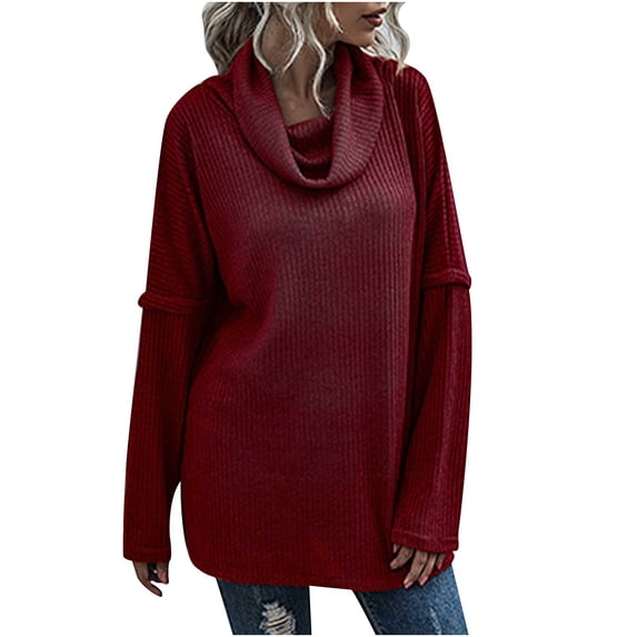 XFLWAM Women's Long Sleeve Cowl Neck Sweater Pullover Turtleneck Casual Loose Tunic Tops Wine Red L
