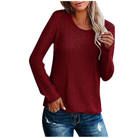 XFLWAM Women's Long Sleeve Crew Neck Sweater Tops Solid Color Waffle Knit Soft Pullover Jumper Red L