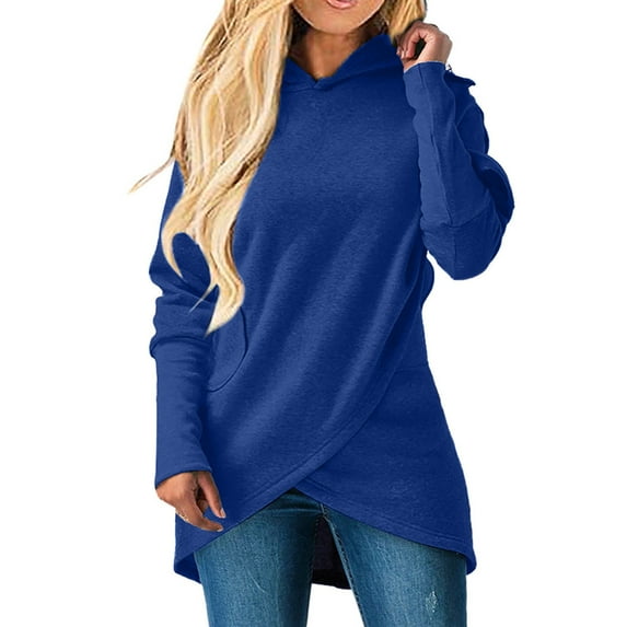 XFLWAM Women's Long Sleeve Hoodies Solid Color Asymmetric Hem Wrap Pullover Sweatshirt with Pocket Blue L