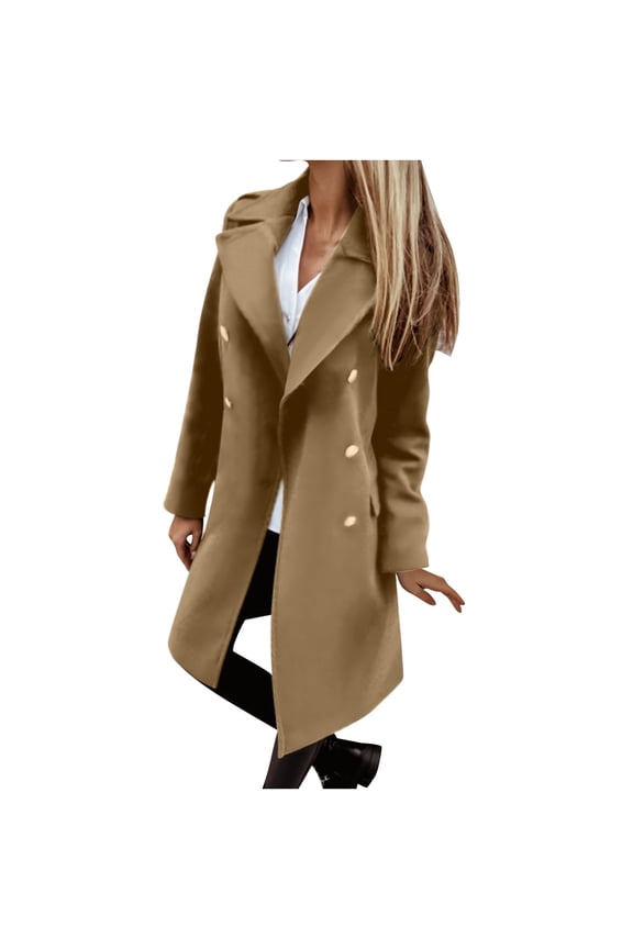 Women's Long Sleeve Loose Fit Warm Winter Wool Blend Pea Coat Solid Color Double Breasted Overcoat with Pockets