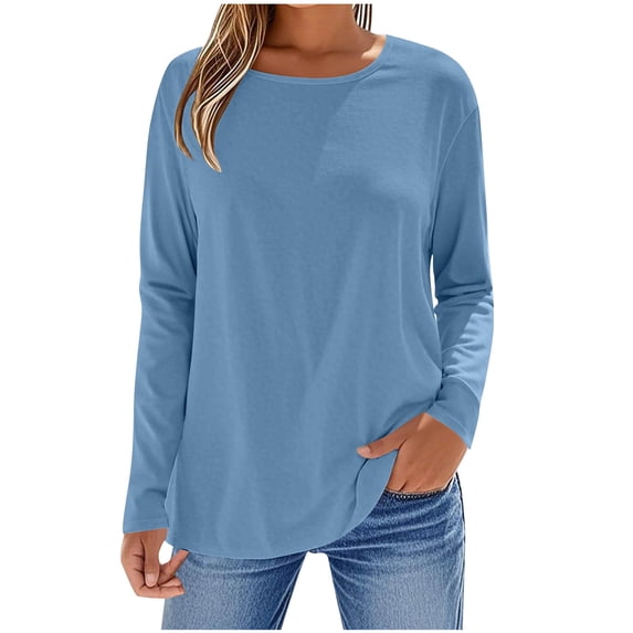XFLWAM Women's Long Sleeve Shirts Crew Neck Basic Tops Casual Loose Fit Tees Outfits Fall Clothes