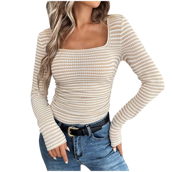 XFLWAM Women's Long Sleeve Square Neck Knit Sweater Striped Color Block Pullover Tops Casual Slim Fit Sweaters