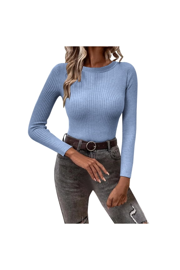 Women's Long Sleeve Sweater Classic-Fit Crewneck Fitted Pullover Knit Sweater Top Blue XL
