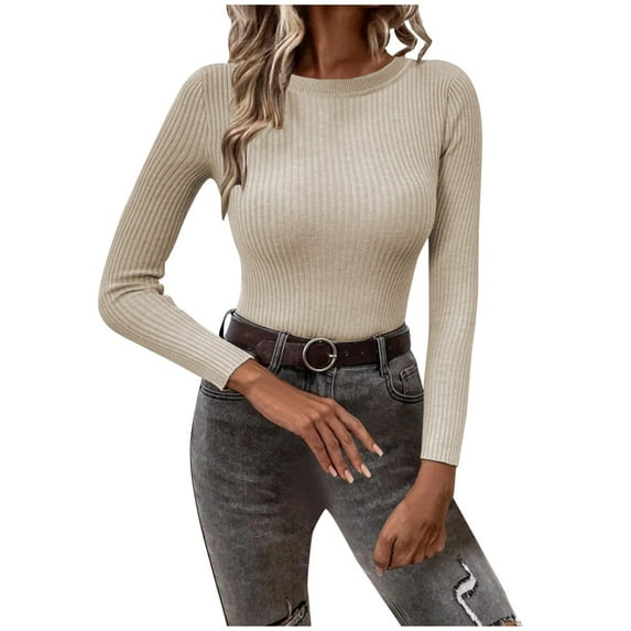 XFLWAM Women's Long Sleeve Sweater Classic-Fit Crewneck Fitted Pullover Knit Sweater Top Brown L