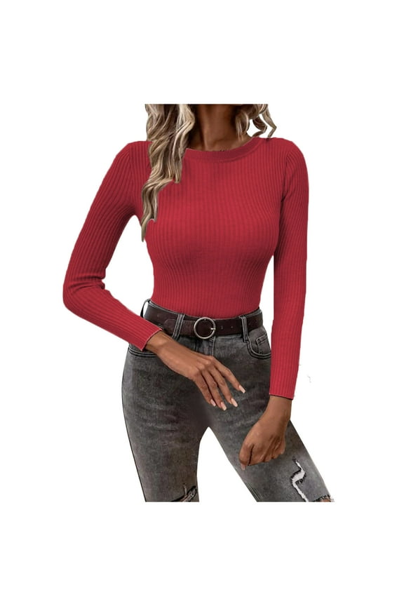 Women's Long Sleeve Sweater Classic-Fit Crewneck Fitted Pullover Knit Sweater Top Red M