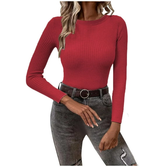XFLWAM Women's Long Sleeve Sweater Classic-Fit Crewneck Fitted Pullover Knit Sweater Top Red XL